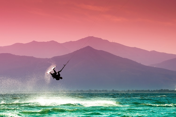 Kite surfers at Skinias beach in Greece.